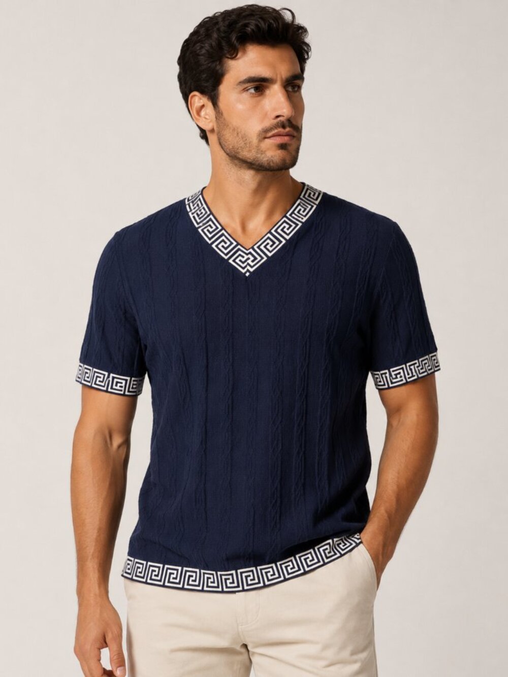 Prestige Original Men’s Navy Greek Key V-Neck Knit Shirt Sweater 2XL XXL